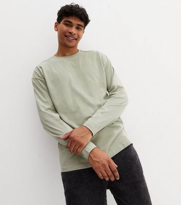Men's Light Green Crew Neck Long Sleeve Oversized T-Shirt New Look