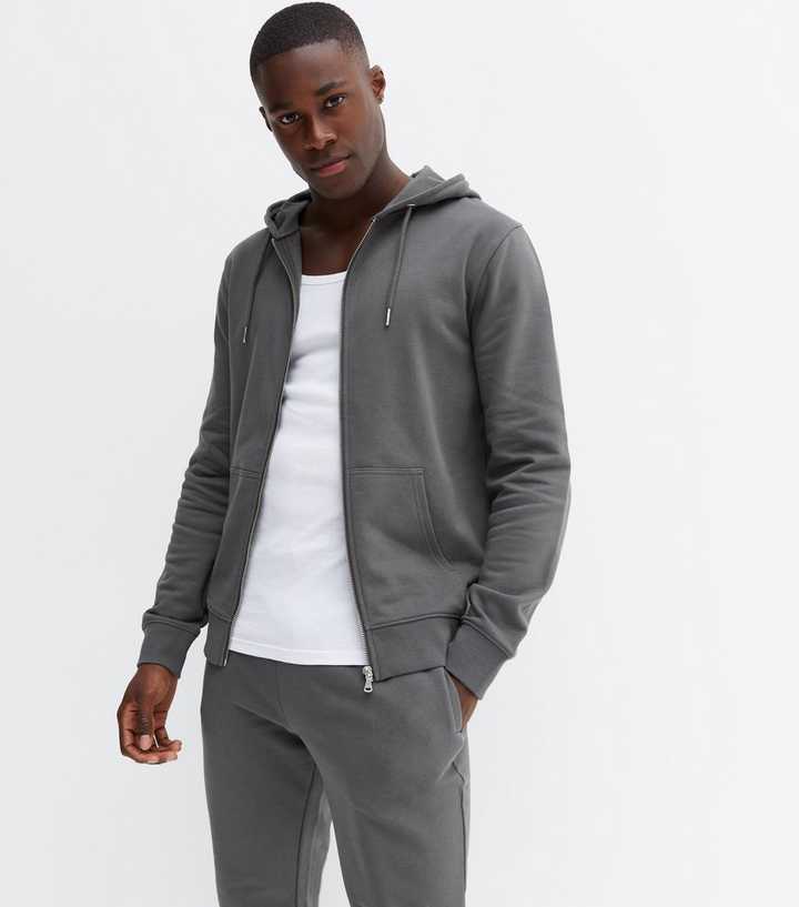 Dark Grey Long Sleeve Zip Hoodie | New Look