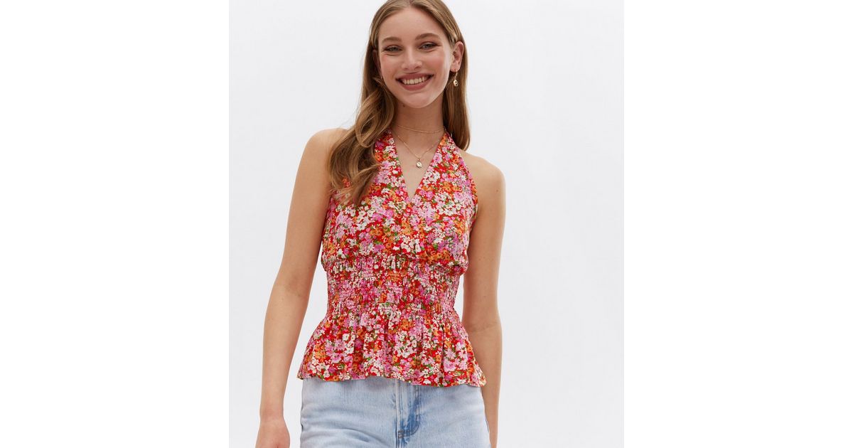 Red Floral Shirred Halter Wrap Peplum Top | New Look