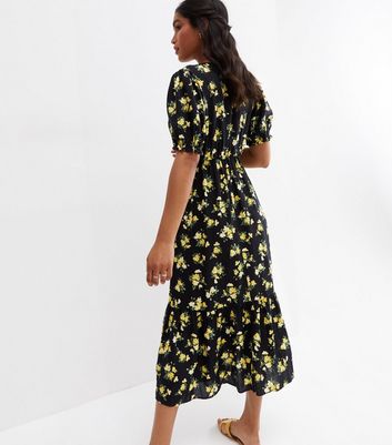 Black Floral Puff Sleeve Midi Wrap 