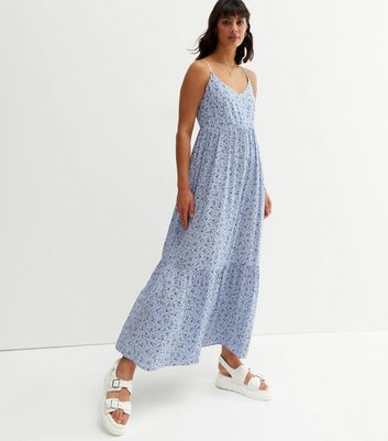 Blue Ditsy Floral Tie Back Tiered Midi Dress | New Look