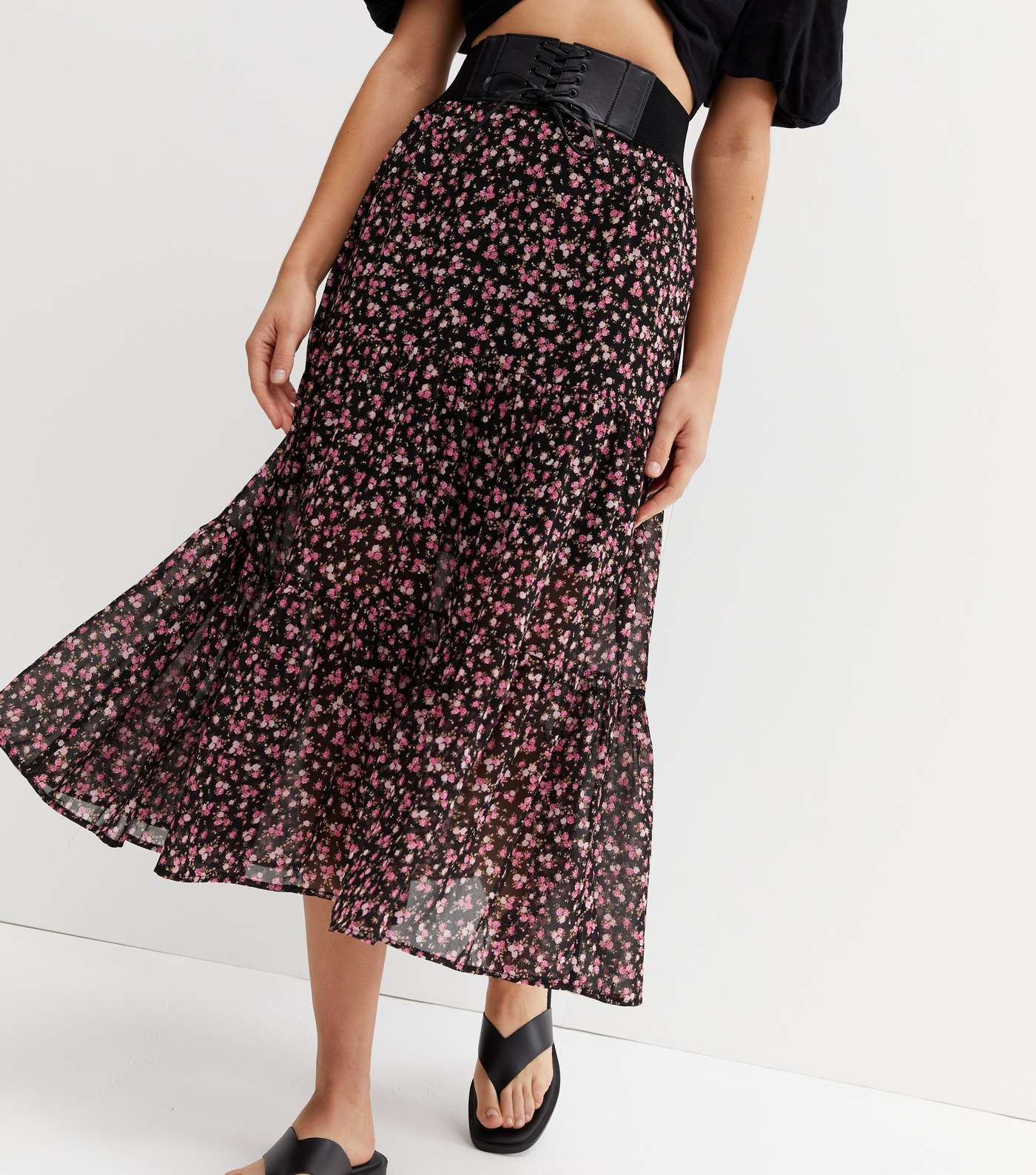 Pink Floral Belted Tiered Midi Skirt Image 2