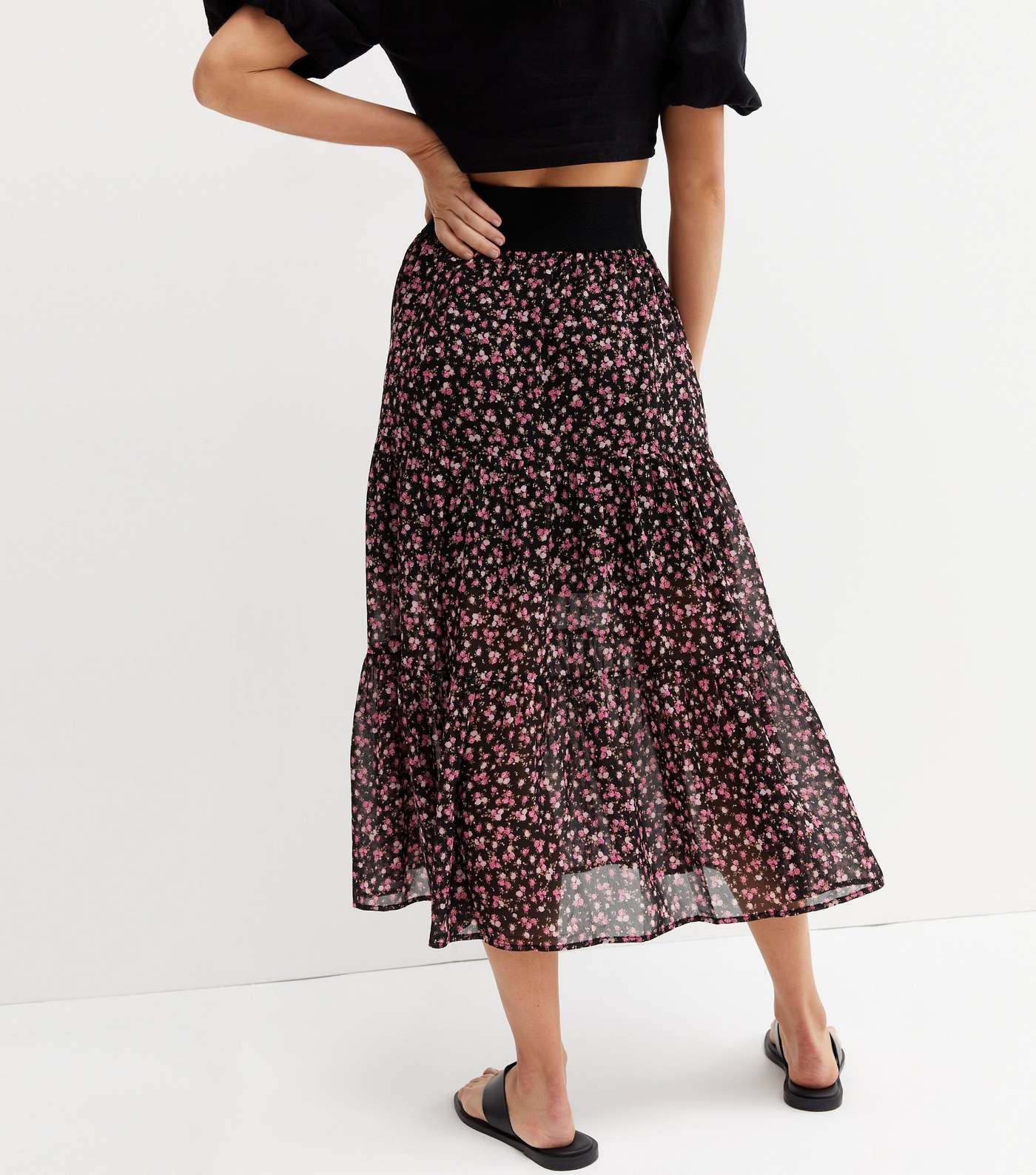 Pink Floral Belted Tiered Midi Skirt Image 4
