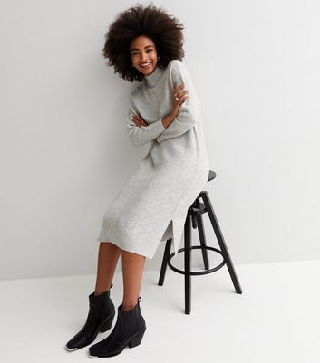 Pale Grey Knit High Neck Long Sleeve Midi Dress