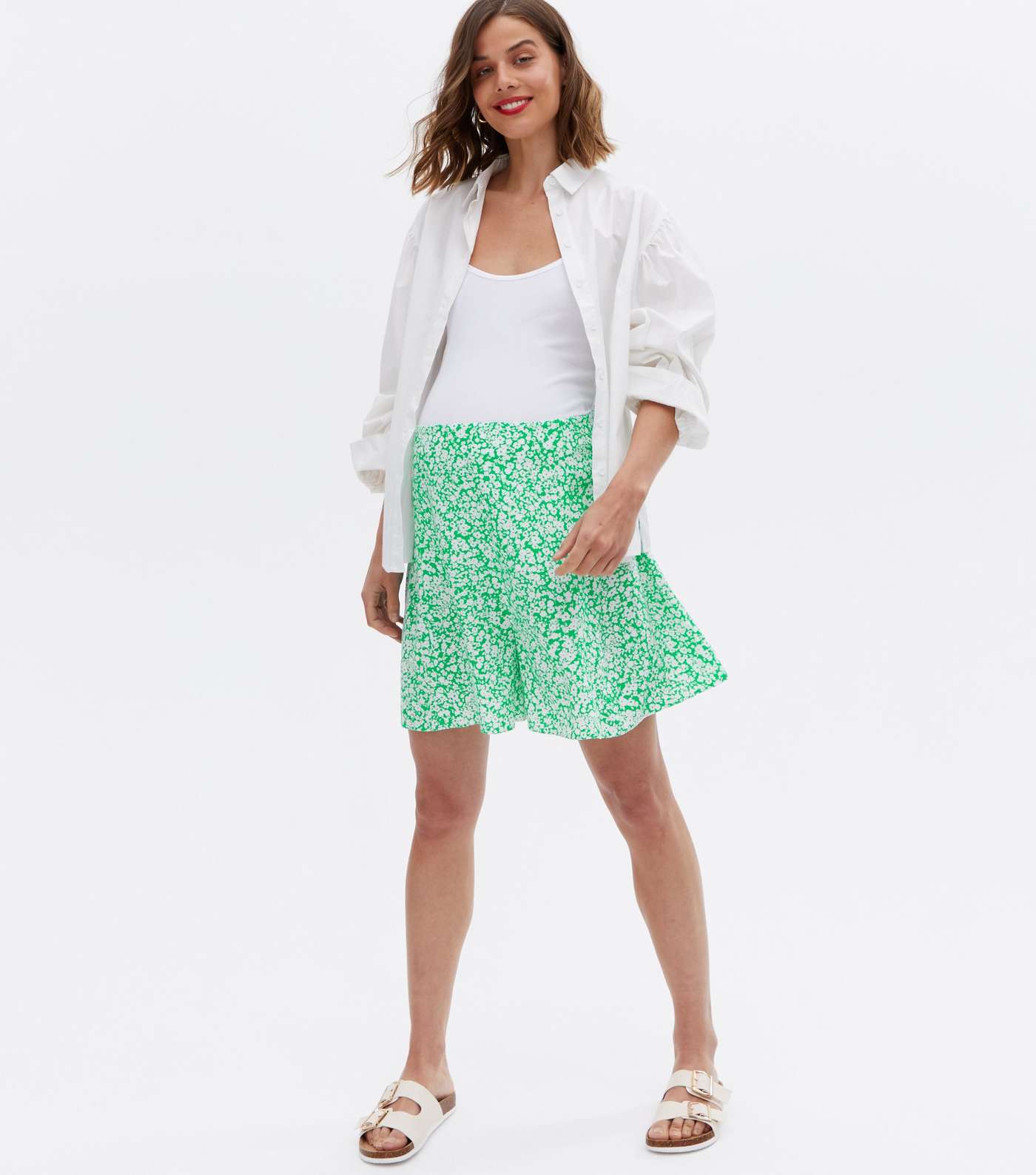 Maternity Green Ditsy Floral Over Bump Flippy Shorts