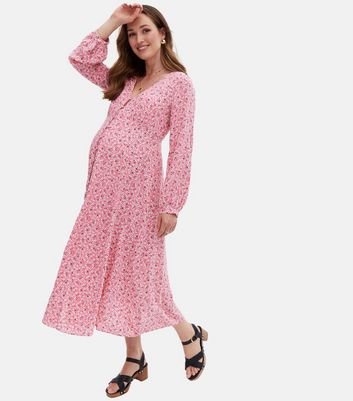 Maternity Pink Floral Button Front Long Sleeve Midi Dress New Look