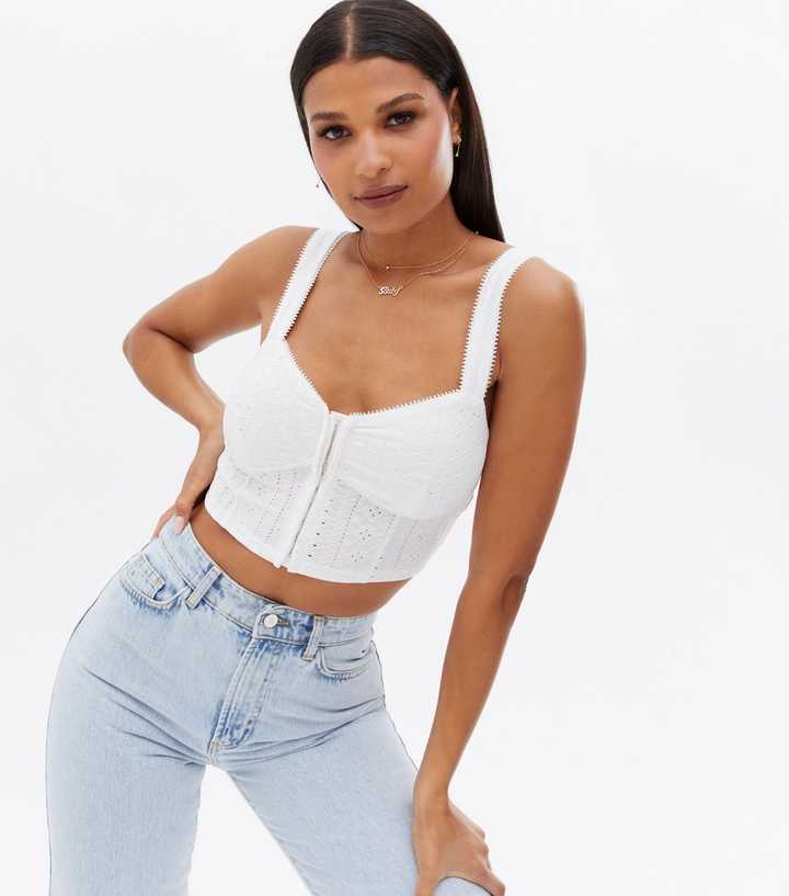 White Broderie Hook and Eye Corset Crop Top