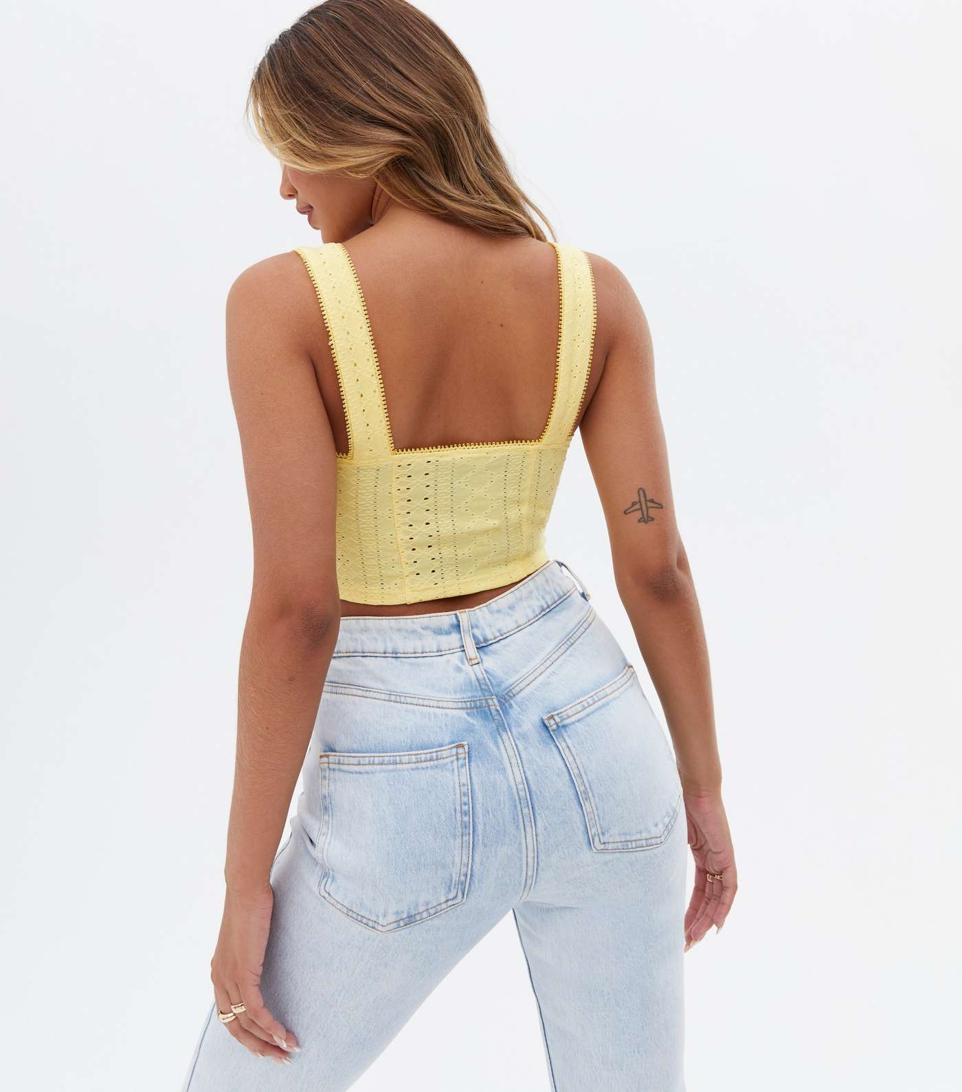 Pale Yellow Broderie Hook and Eye Corset Crop Top Image 4