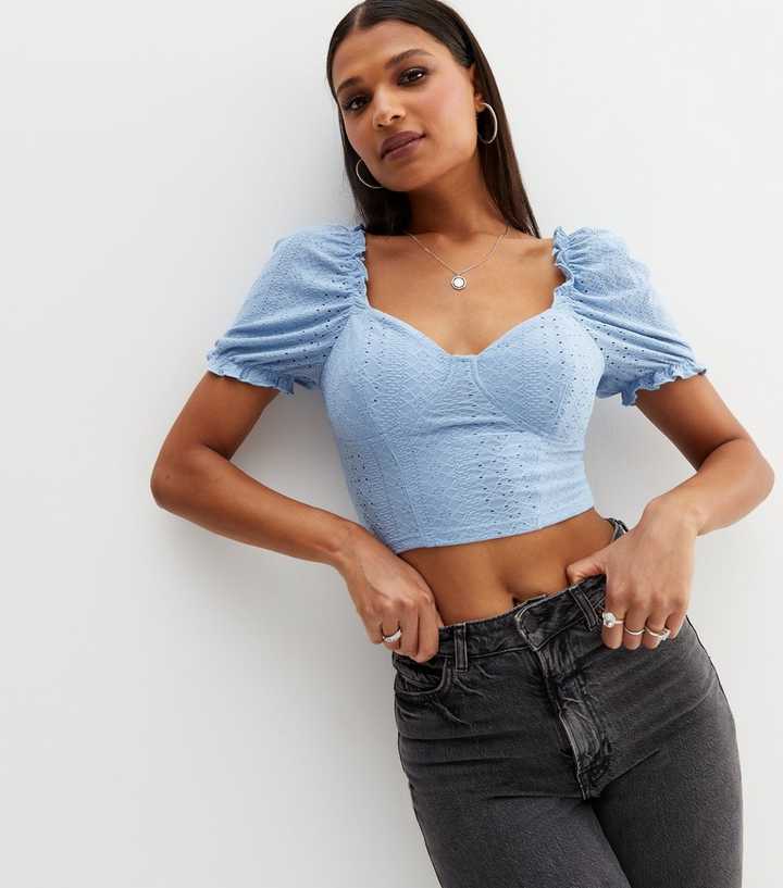 Pale Blue Broderie Sweetheart Top | New Look