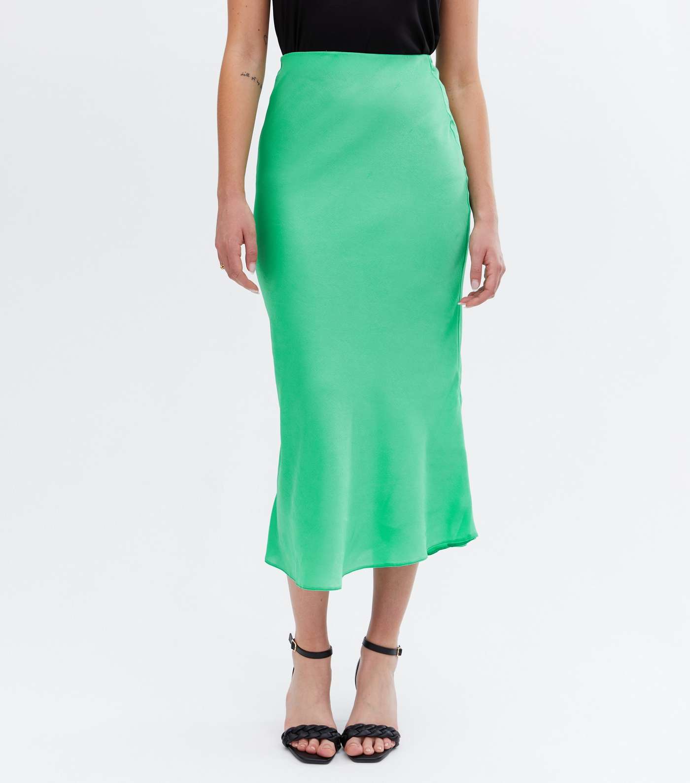 Tall Green Satin Bias Cut Midi Skirt Image 2