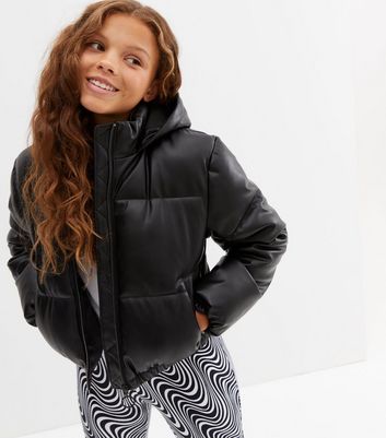 Girls Black Leather-Look Hooded Puffer Jacket