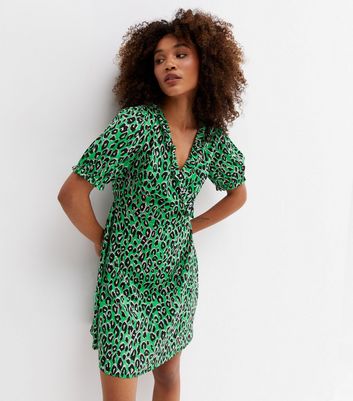 Green Leopard Print Crepe Frill Mini Wrap Dress New Look