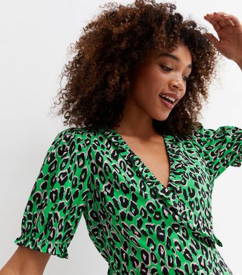 Green Leopard Print Crepe Frill Mini Wrap Dress New Look