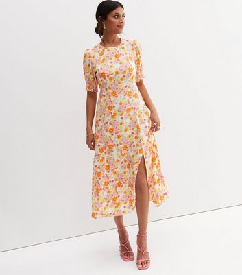 Pink Floral Puff Sleeve Split Midi Dress | New Look