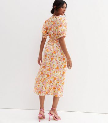 Pink Floral Puff Sleeve Split Midi Dress New Look