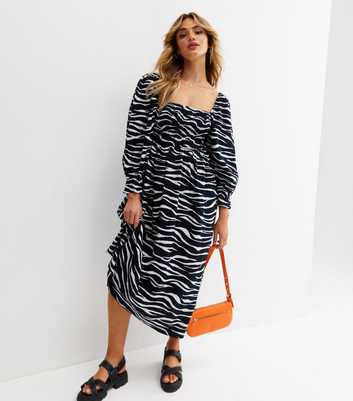 Black Zebra Print Linen-Look Long Sleeve Midi Dress