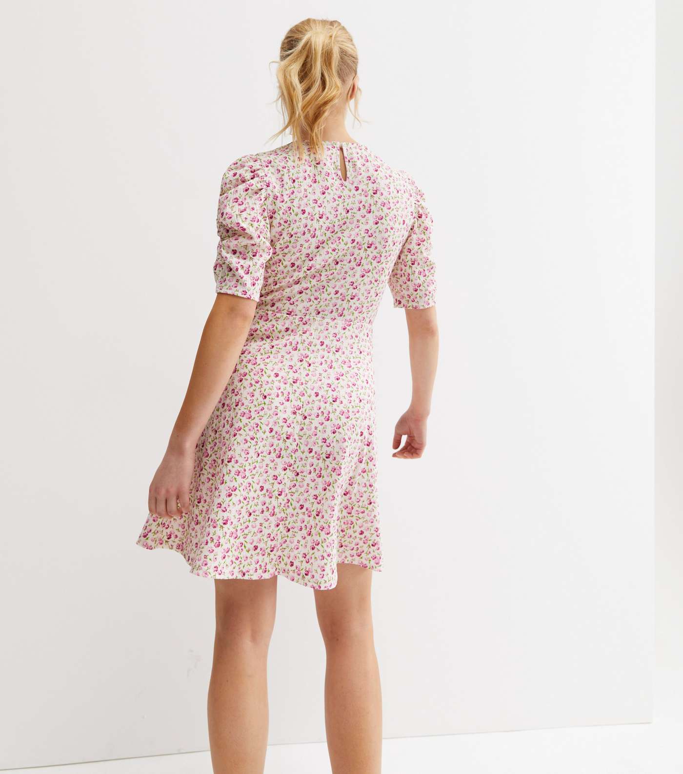 Pink Ditsy Floral Ruched Sleeve Mini Dress Image 4