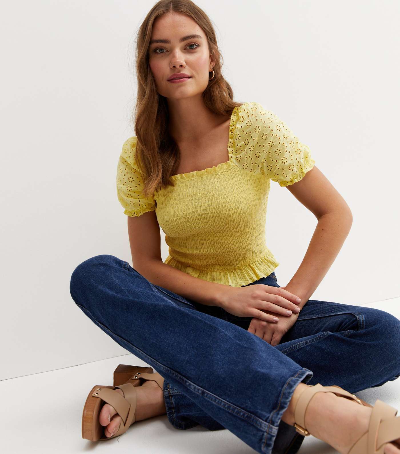 Pale Yellow Broderie Frill Shirred Square Neck Top Image 3