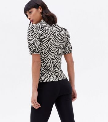 Off White Zebra Print Ruched Collared Top New Look