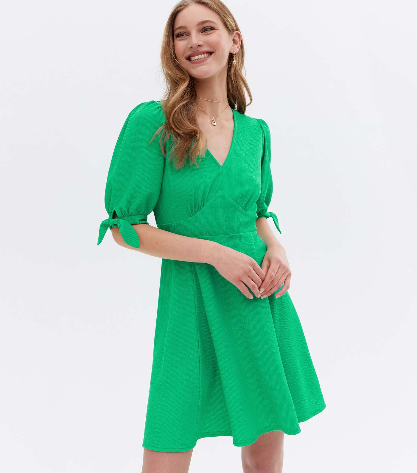 Green Crinkle Jersey Tie Sleeve Mini Dress