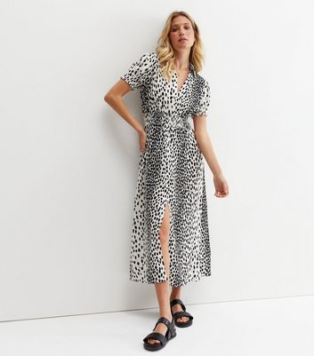 White Leopard Print V Neck Split Midi Shirt Dress New Look