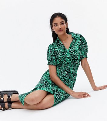 Green Leopard Print V Neck Split Midi Shirt Dress New Look