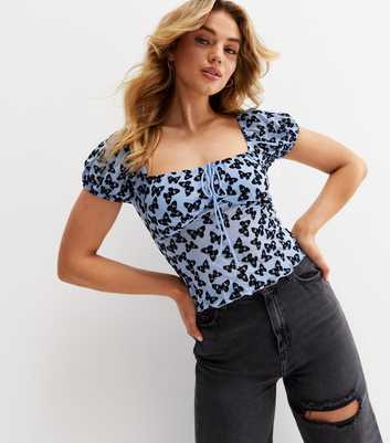 Blue Flocked Butterfly Mesh Tie Front Square Neck Top