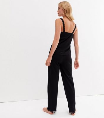 Black Vest and Trouser Pyjama Set with Lace Trim New Look