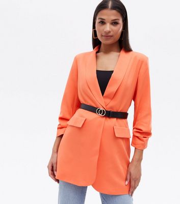 Click to view product details and reviews for Cameo Rose Bright Orange Ruched Sleeve Long Blazer New Look.