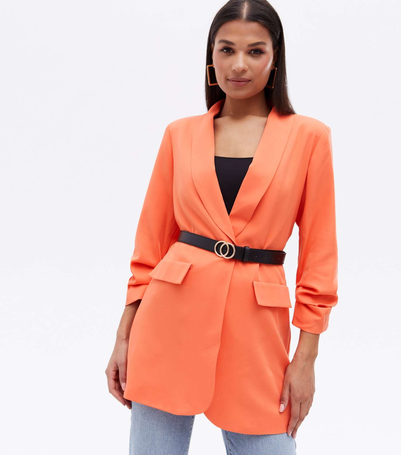 Cameo Rose Bright Orange Ruched Sleeve Long Blazer Image 2