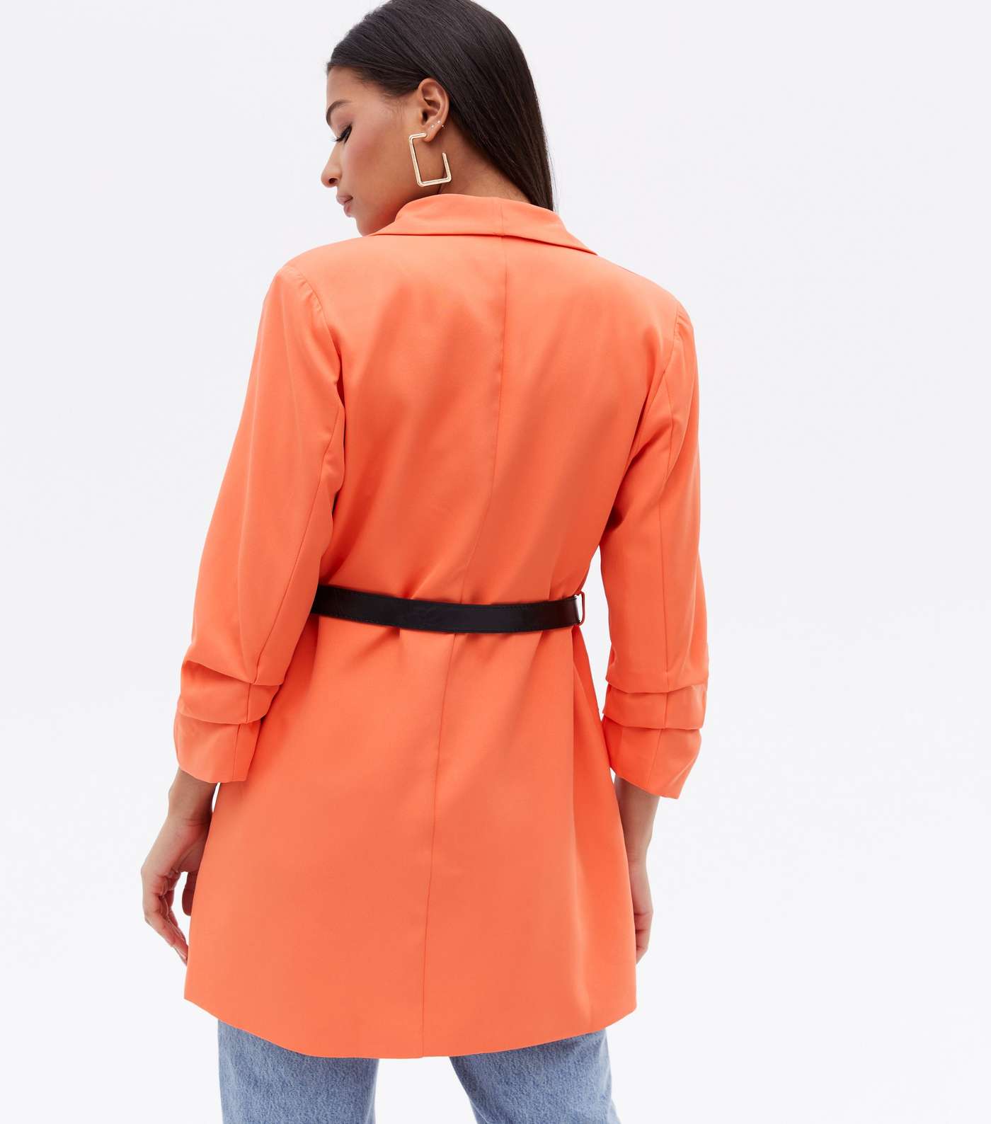 Cameo Rose Bright Orange Ruched Sleeve Long Blazer Image 4