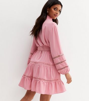 Cameo Rose Bright Pink Lace Trim Belted Mini Shirt Dress | New Look