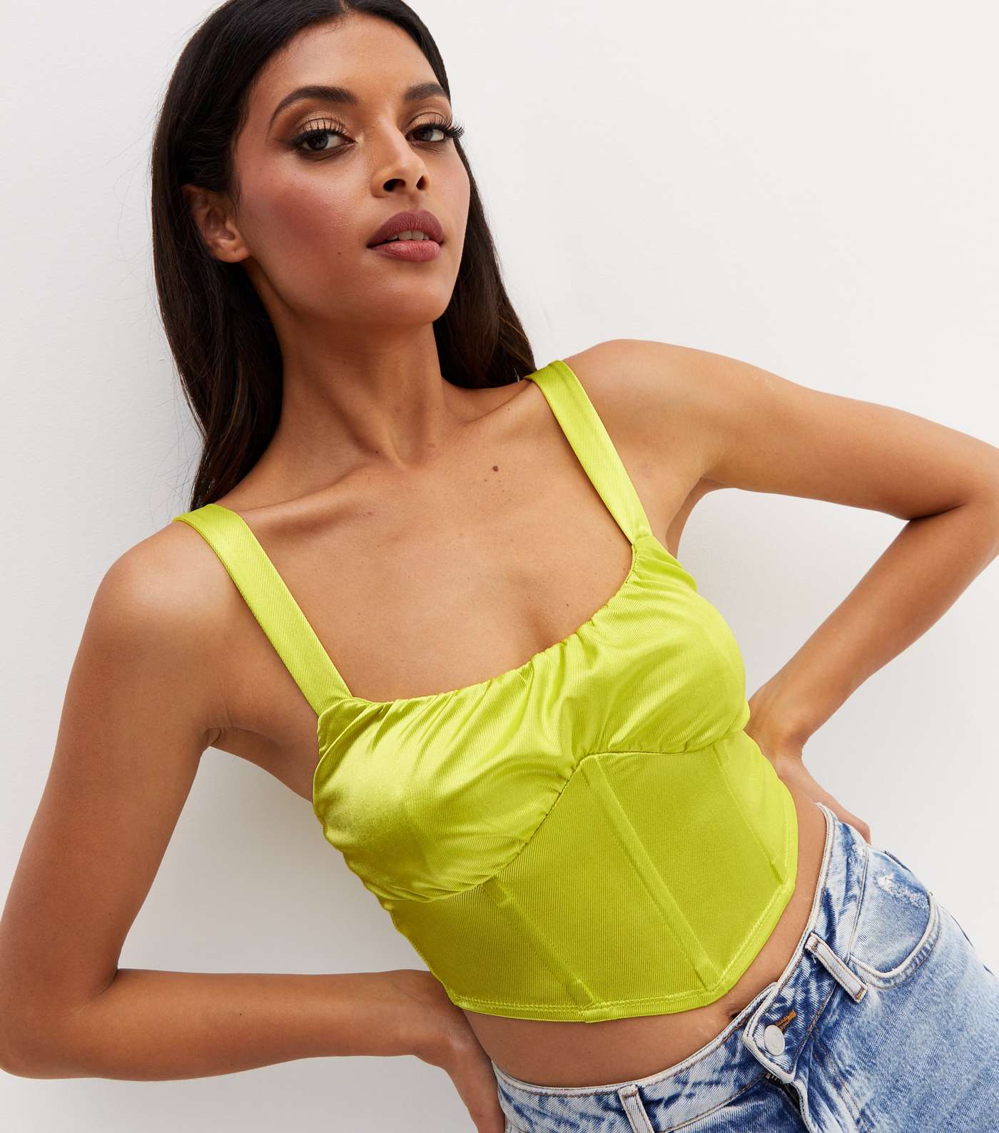 Light Green Satin Ruched Front Corset Top
