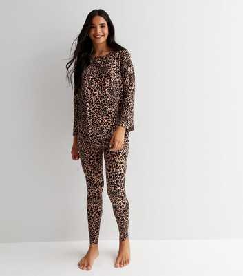 Maternity Brown Soft Touch Legging Pyjama Set with Leopard Print