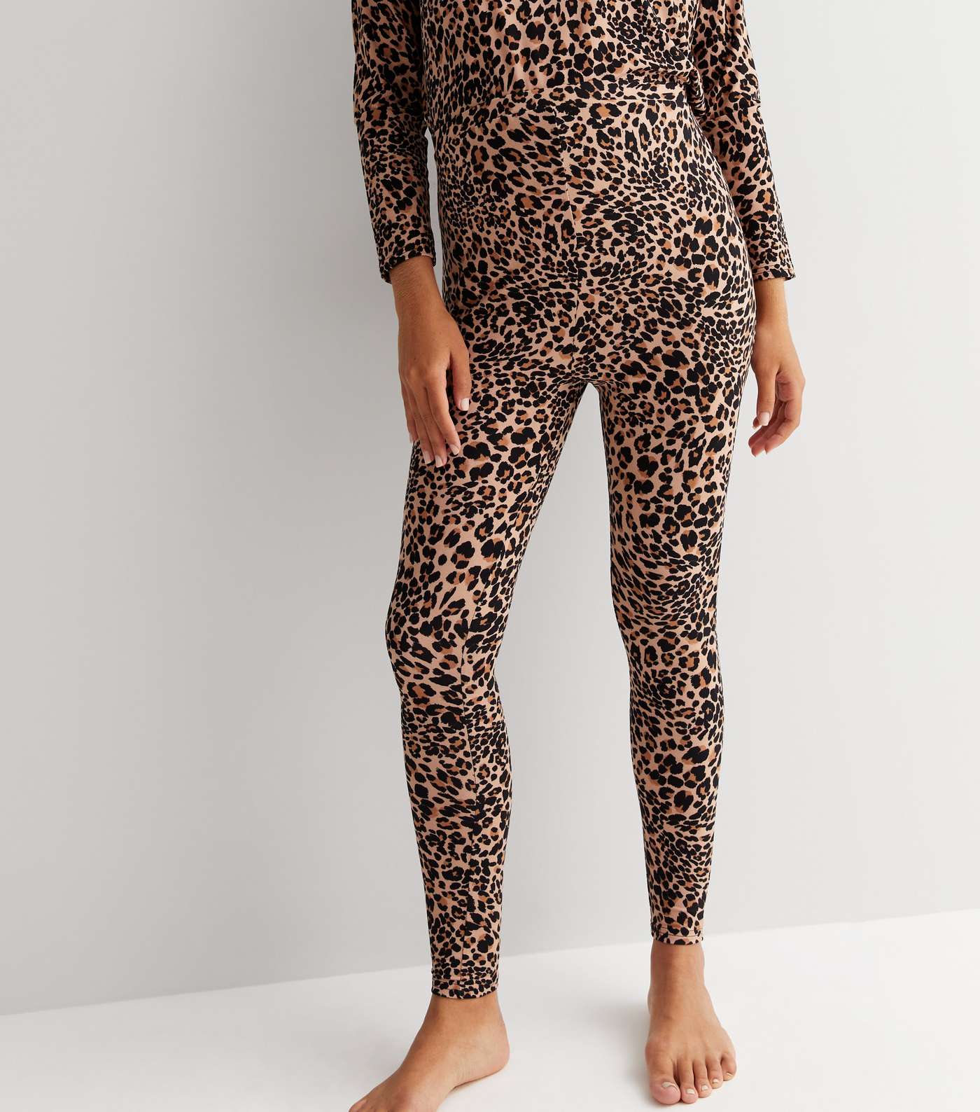 Maternity Brown Soft Touch Legging Pyjama Set with Leopard Print Image 3