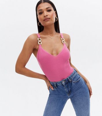 Cameo Rose Bright Pink Chain Strap Bodysuit New Look