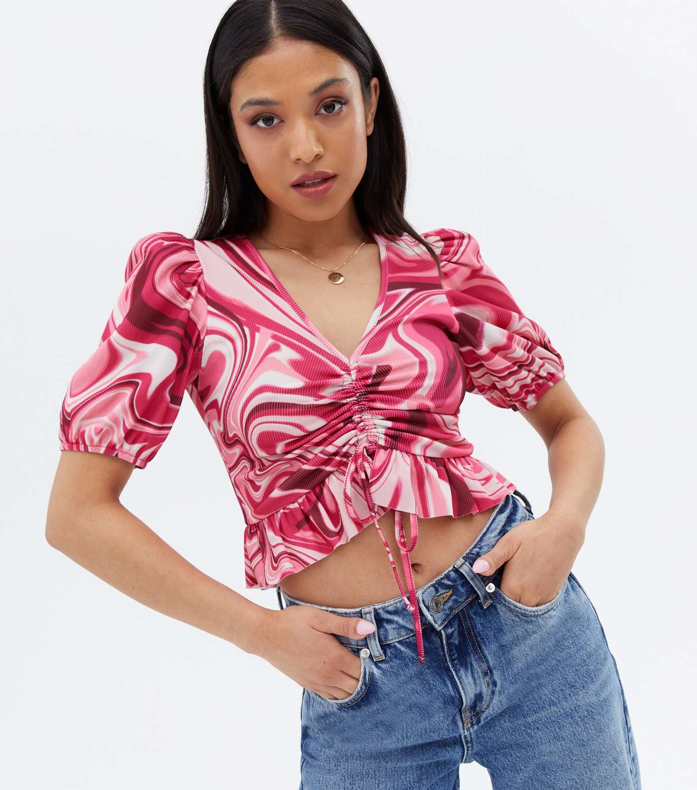 Petite Pink Doodle Print Ribbed Ruched Tie Front Top