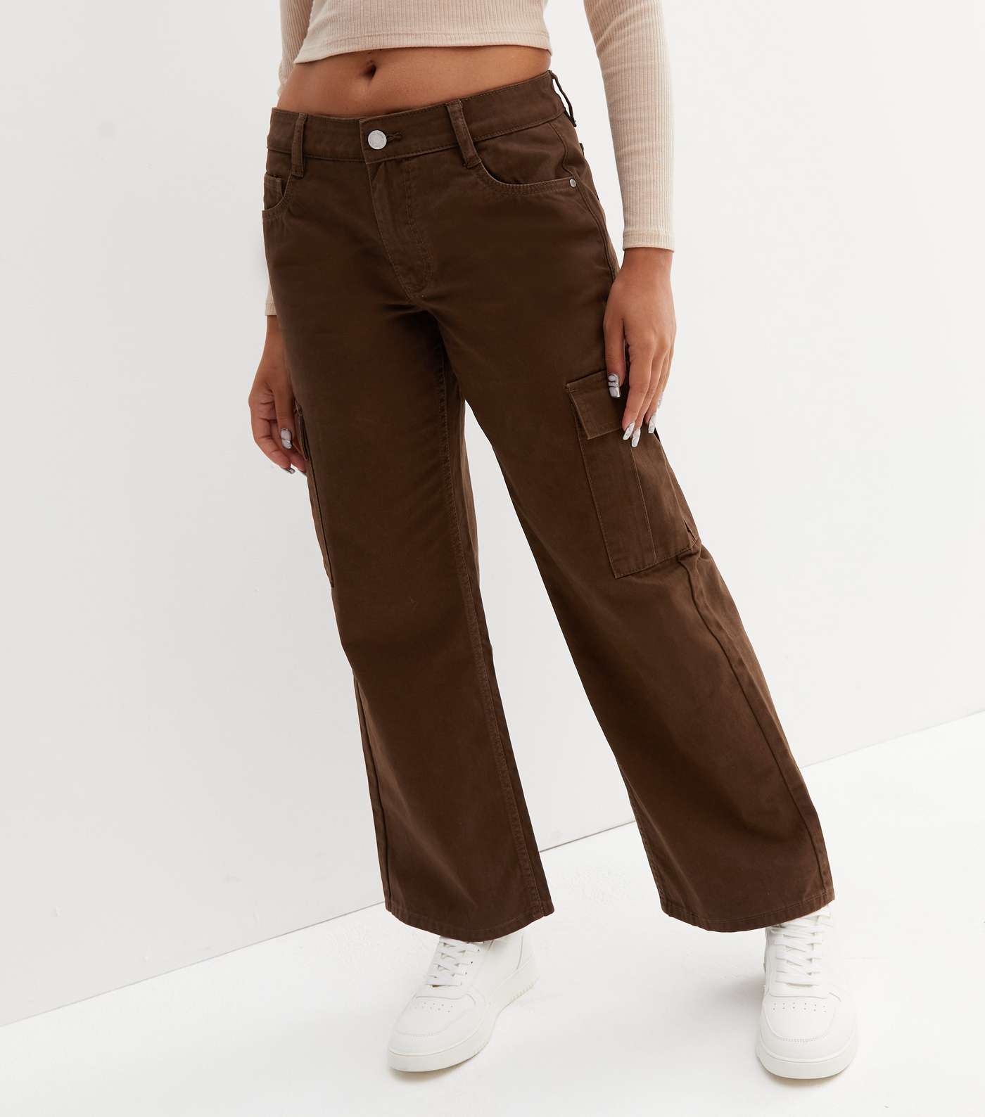 Petite Dark Brown Low Rise Cargo Trousers Image 2