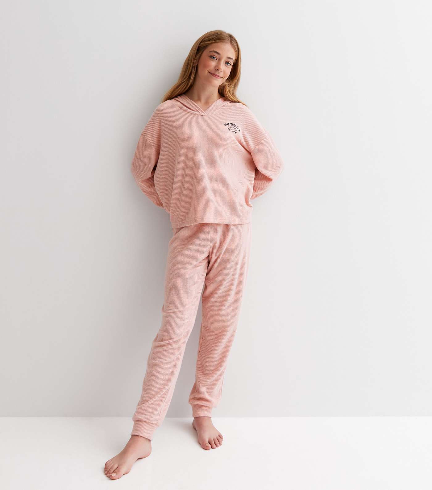 Girls Pink Ribbed Jogger and Hoodie Lounge Set