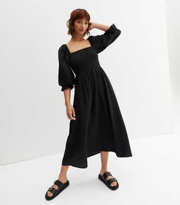 Black Linen-Look Shirred Square Neck Midi Dress