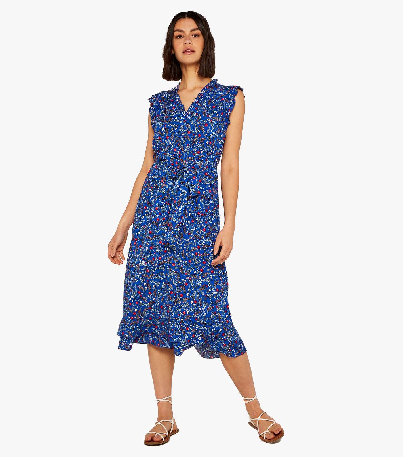 Apricot Blue Floral Frill Belted Midi Dress