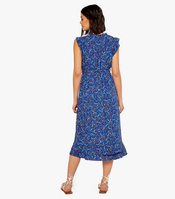 Apricot Blue Floral Frill Belted Midi Dress New Look