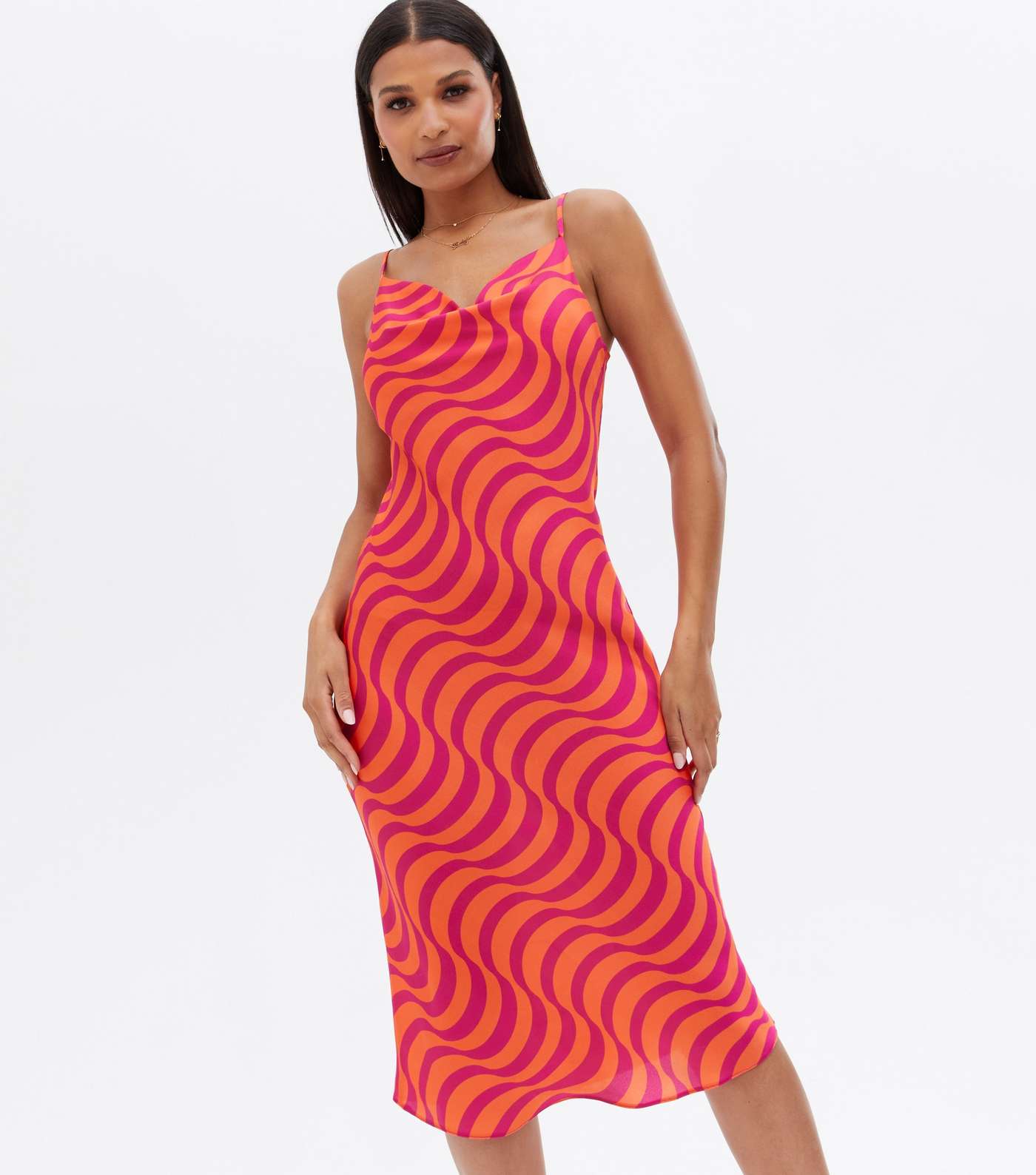 Pink Doodle Print Satin Cowl Neck Midi Slip Dress