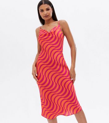Pink Swirl Satin Cowl Neck Midi Slip 