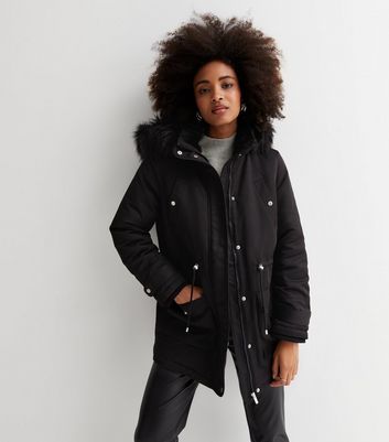 Black Faux Fur Trim Hooded Parka Jacket