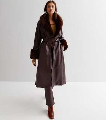 Dark Brown Leather-Look Faux Fur Trim Coat