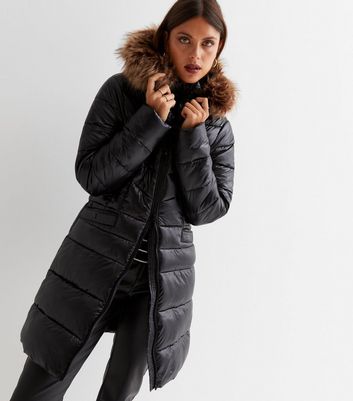 Black Leather-Look Faux Fur Trim Hooded Long Puffer Jacket | New Look