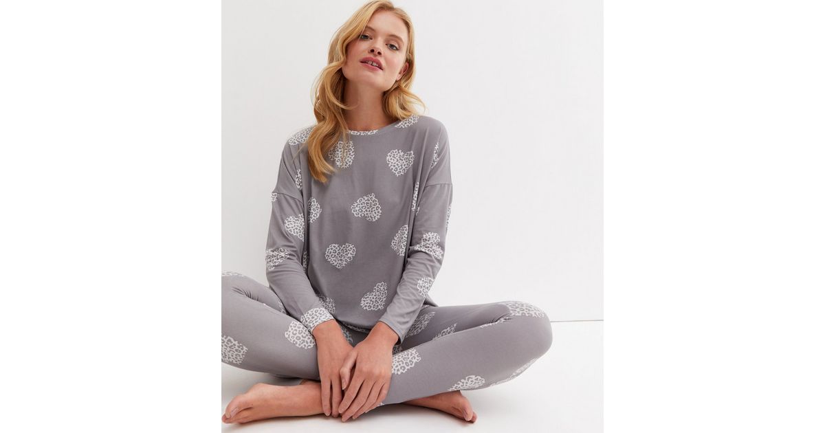 Light Grey Soft Touch Legging Pyjama Set with Heart Leopard Print | New