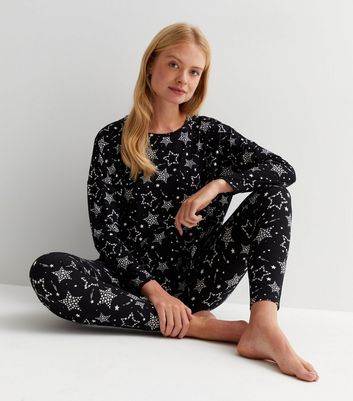 Black Soft Touch Legging Pyjama Set with Star Print New Look