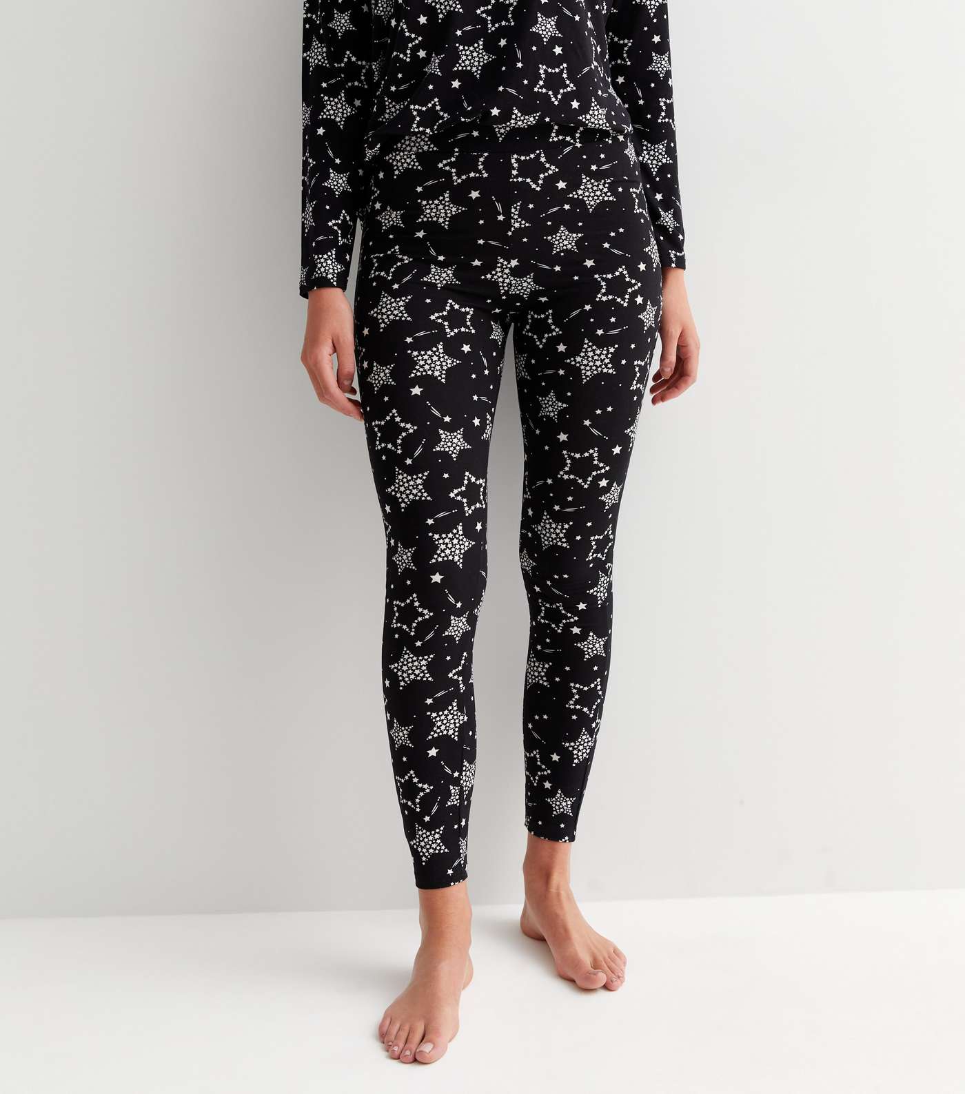 Black Soft Touch Legging Pyjama Set with Star Print Image 3